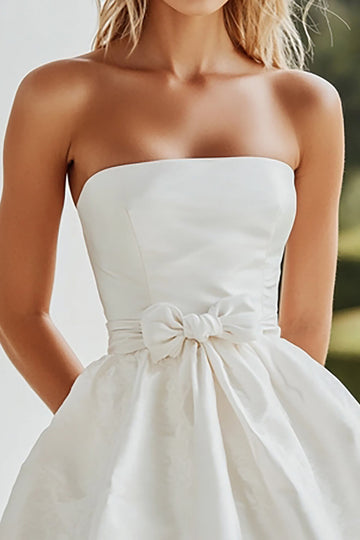 White A Line Strapless Satin Mini Graduation Dress with Bow